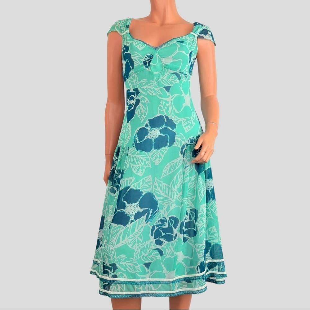 Odille 100% Silk Drop Waist Dress 6 Teal Floral Velvet Lace 90s Y2K Whimsigoth - Picture 4 of 15
